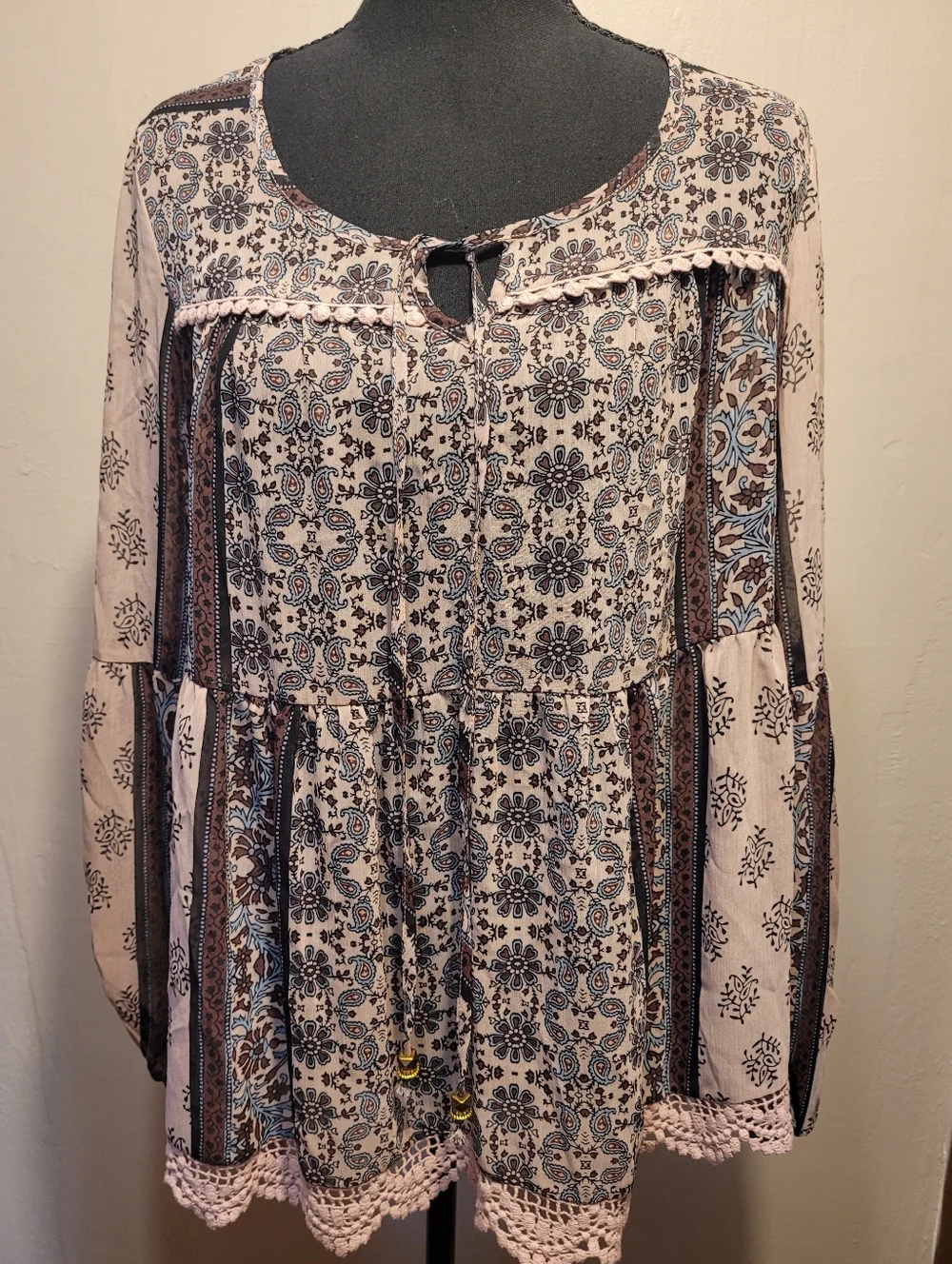 Knox Rose Boho Patchwork Blouse Purple Paisley Medium Semi Sheer - Picture 2 of 7